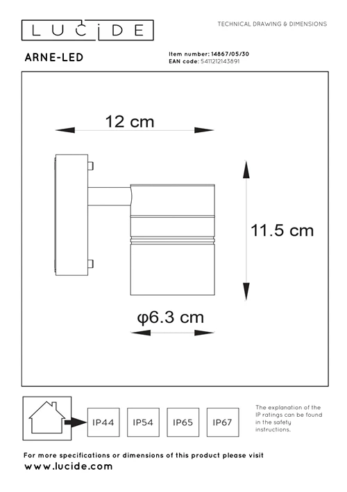 Lucide ARNE-LED - Foco de pared / Lámpara de pared Dentro/Fuera - Ø 6,3 cm - LED - GU10 - 1x5W 2700K - IP44 - Negro - técnico